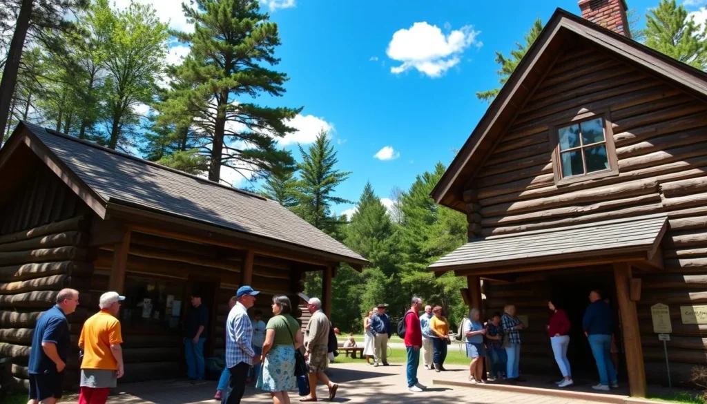 The rustic log cabin Masker Museum with visitors exploring CCC exhibits The rustic log cabin Masker Museum with visitors exploring CCC exhibits