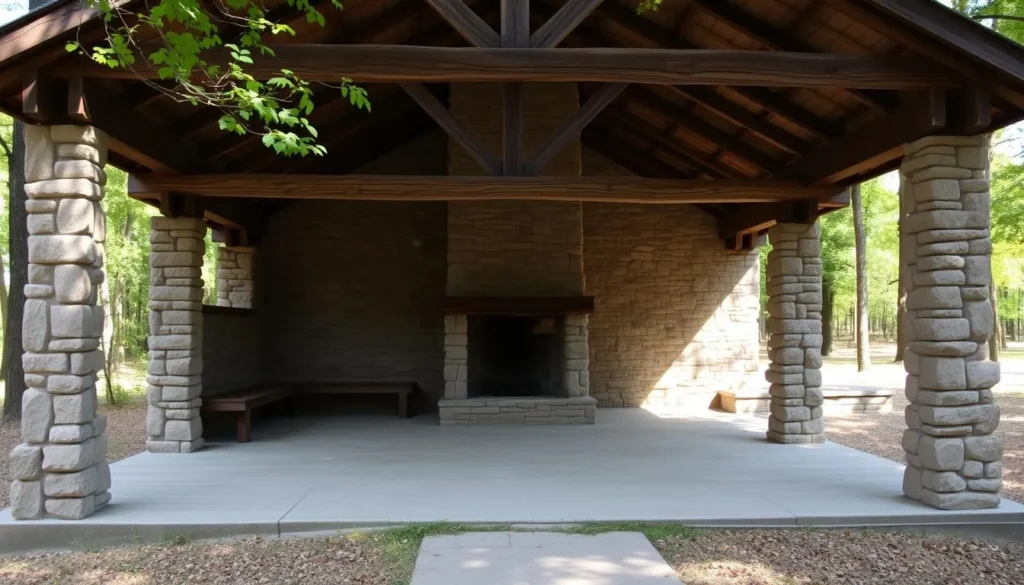 The rustic stone Bank Pavilion with its fireplace at Mont Alto State Park The rustic stone Bank Pavilion with its fireplace at Mont Alto State Park