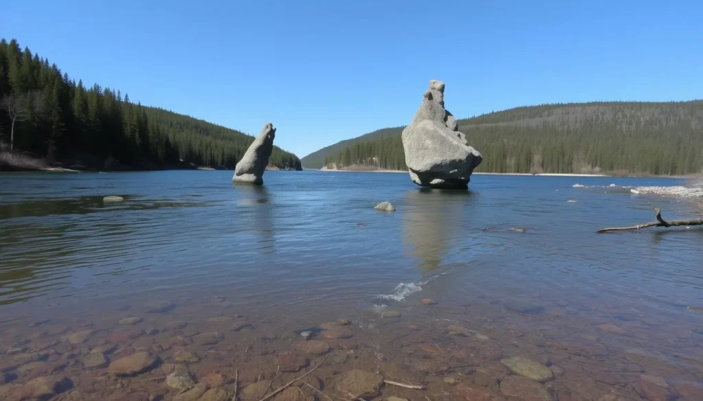 The sacred Bokho rock formations on the Big Ussurka River in Udegeyskaya Legenda National Park The sacred Bokho rock formations on the Big Ussurka River in Udegeyskaya Legenda National Park