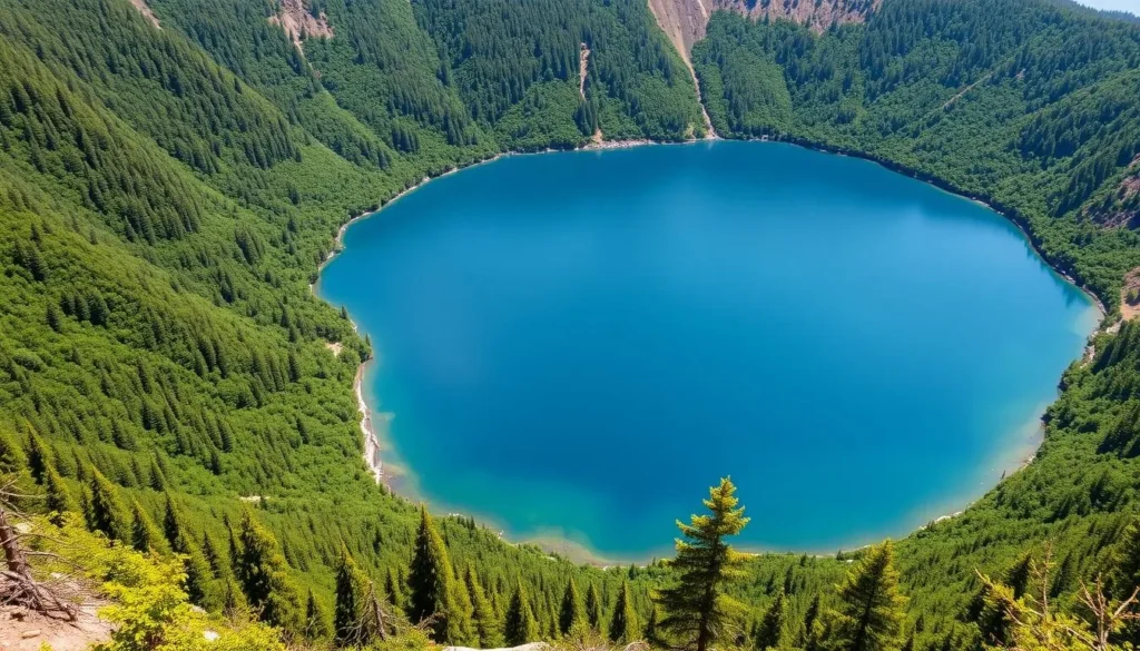The sacred crater lake at the summit of Mount Zuqualla with its calm blue waters surrounded by forest