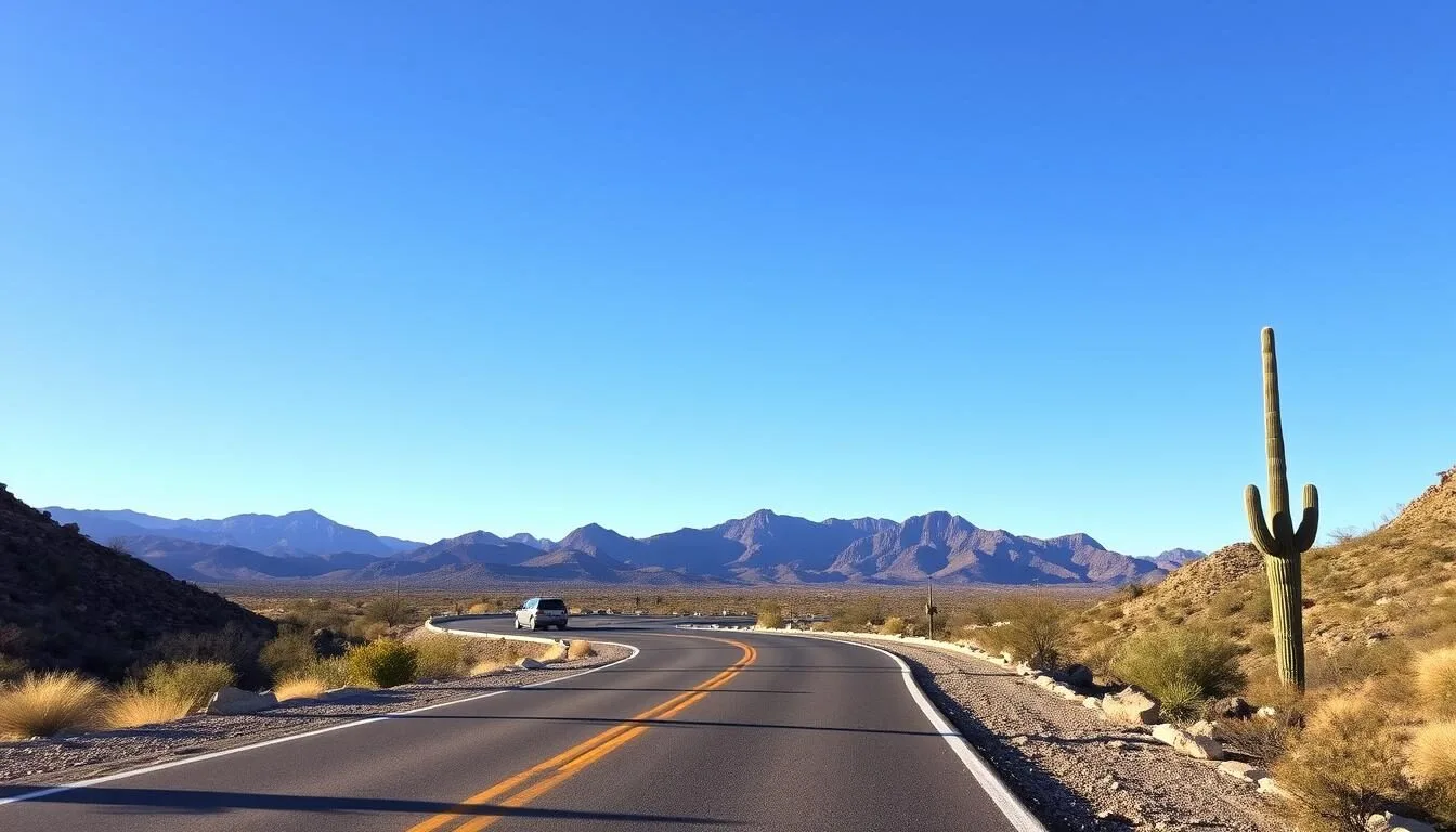 The scenic Apache Trail road leading to Canyon Lake with desert mountains and saguaro cacti