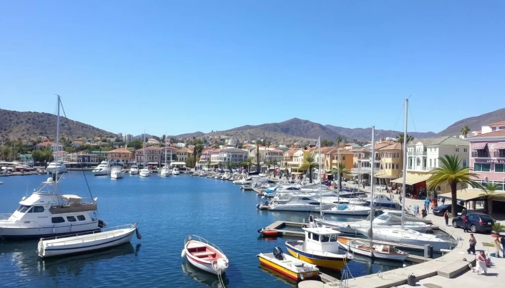 The scenic harbor of Avalon on Catalina Island with colorful buildings and boats in the foreground