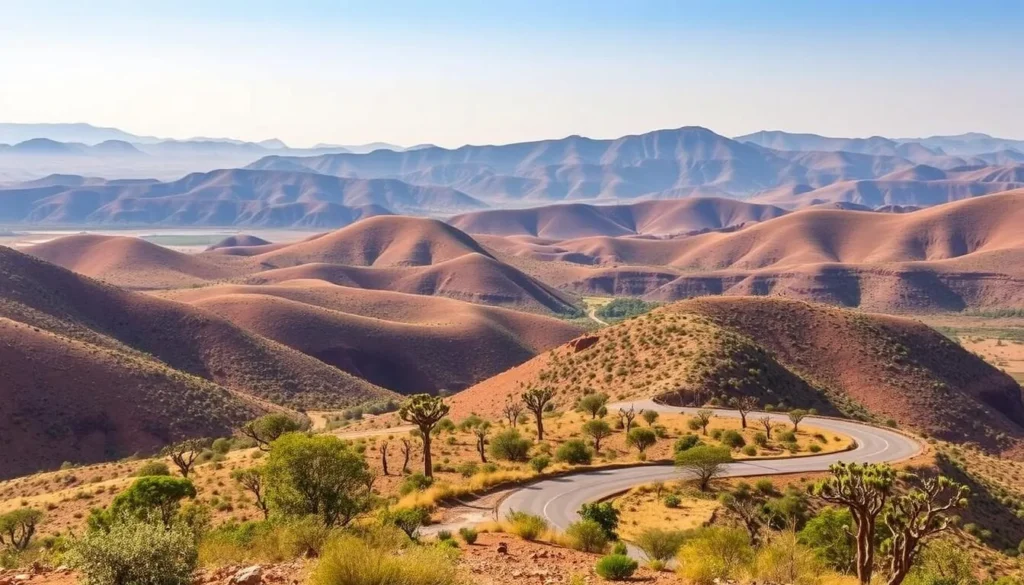 The scenic route from Addis Ababa to Lake Awassa showing the Great Rift Valley landscape with mountains and vegetation