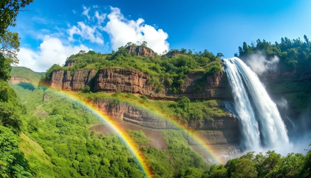 The spectacular Sipi Falls cascading down Mount Elgon's slopes with rainbow visible in the mist