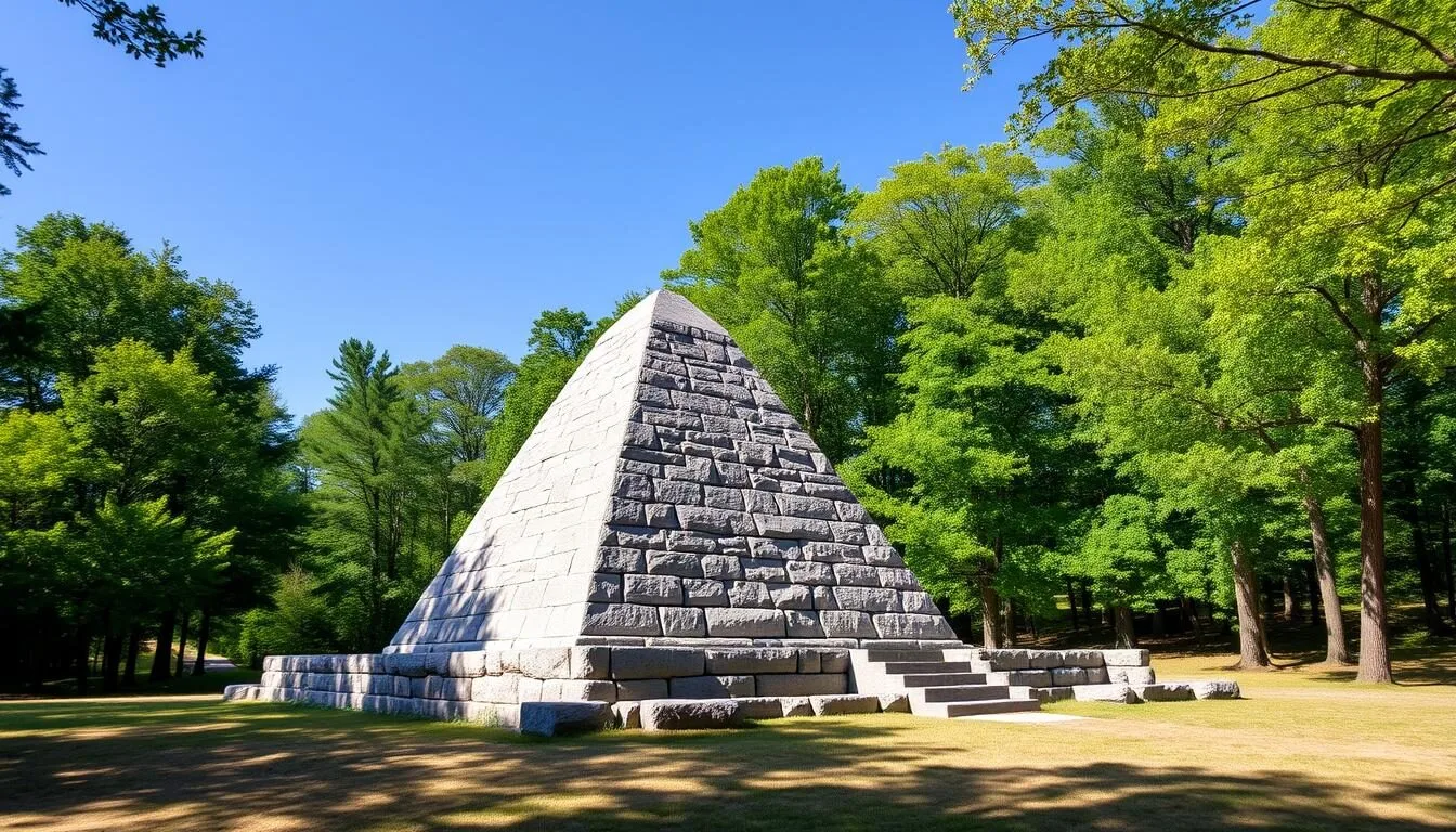 The stone pyramid monument at Buchanan's Birthplace State Park with surrounding forest on a sunny day