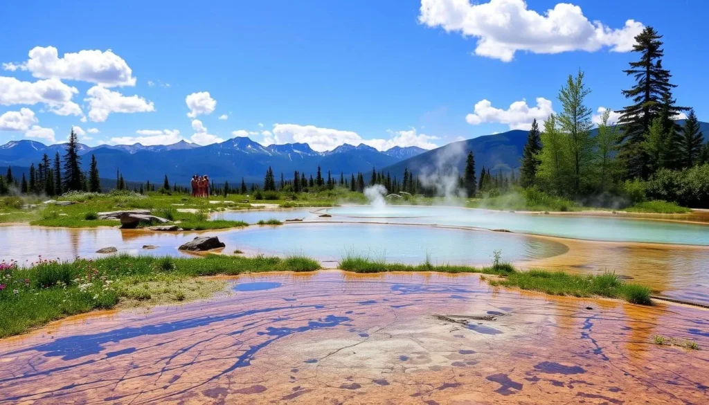 The stunning Shumak mineral springs in Tunkinsky National Park with mountains in the background The stunning Shumak mineral springs in Tunkinsky National Park with mountains in the background