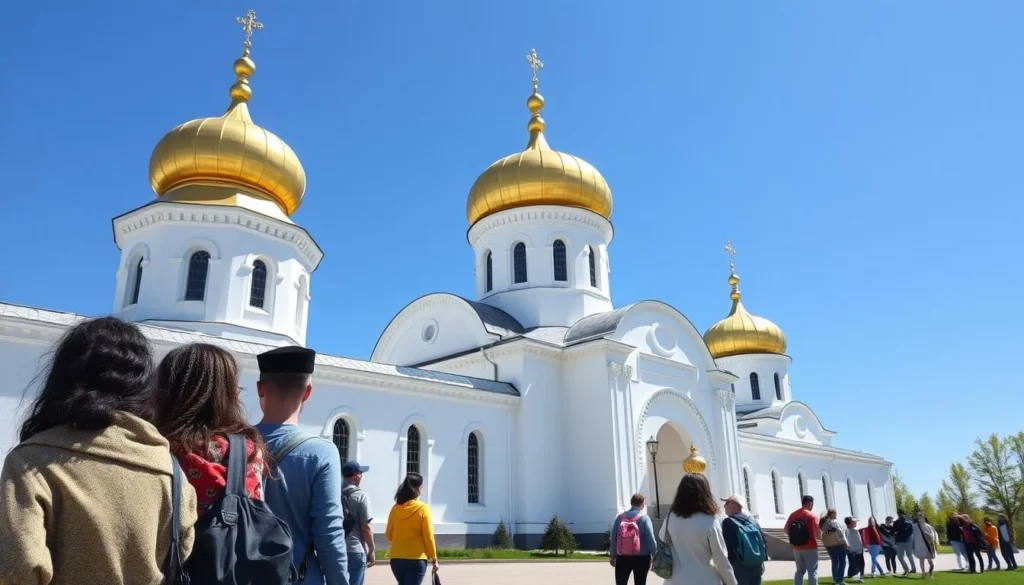 The stunning Svensky Monastery with its golden domes against a blue sky with diverse visitors The stunning Svensky Monastery with its golden domes against a blue sky with diverse visitors