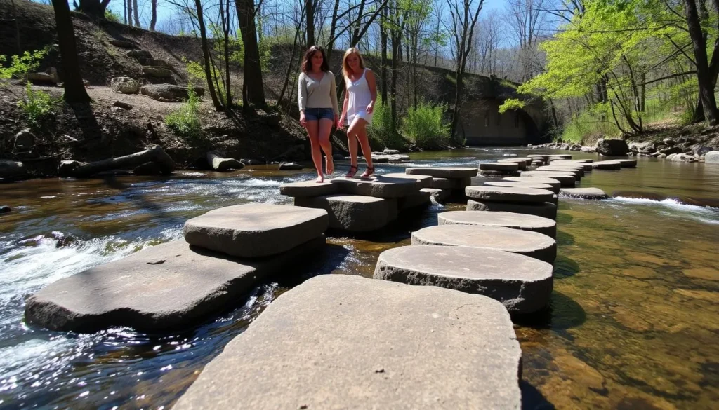 The unique stepping stones crossing Laurel Run at Parker Dam State Park