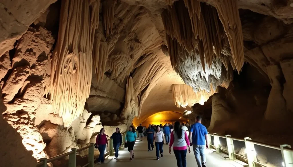 The well-lit pathway through the Big Room of Carlsbad Caverns showing stunning cave formations The well-lit pathway through the Big Room of Carlsbad Caverns showing stunning cave formations