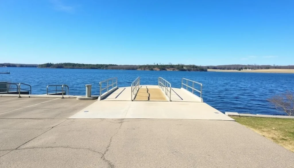 Three-lane boat launch at Heidecke Lake State Park Illinois with paved parking area and surrounding natural landscape Three-lane boat launch at Heidecke Lake State Park Illinois with paved parking area and surrounding natural landscape
