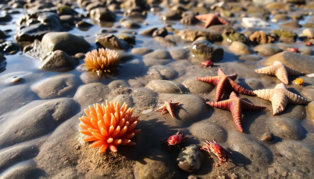 Tide pools at Jug Handle Beach revealing colorful marine life at low tide Tide pools at Jug Handle Beach revealing colorful marine life at low tide