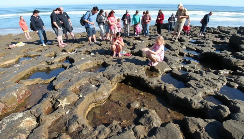 Tide pools at Pismo State Beach with visitors exploring marine life at low tide Tide pools at Pismo State Beach with visitors exploring marine life at low tide
