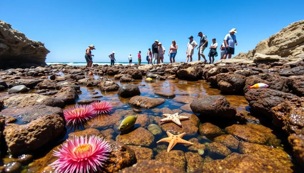 Tide pools in Laguna Beach with visitors exploring marine life among rocky formations Tide pools in Laguna Beach with visitors exploring marine life among rocky formations