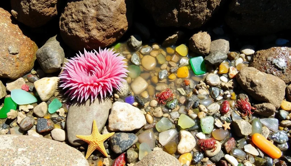 Tide pools with marine life at Glass Beach Fort Bragg California