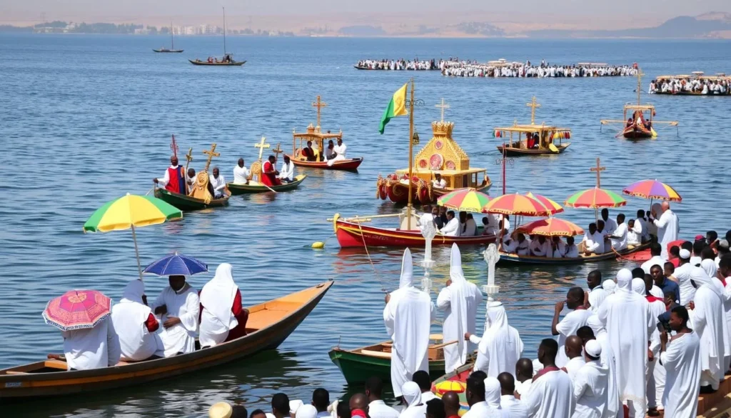Timket celebration on Lake Ziway with boats carrying the Tabot (Ark replicas) and white-robed worshippers