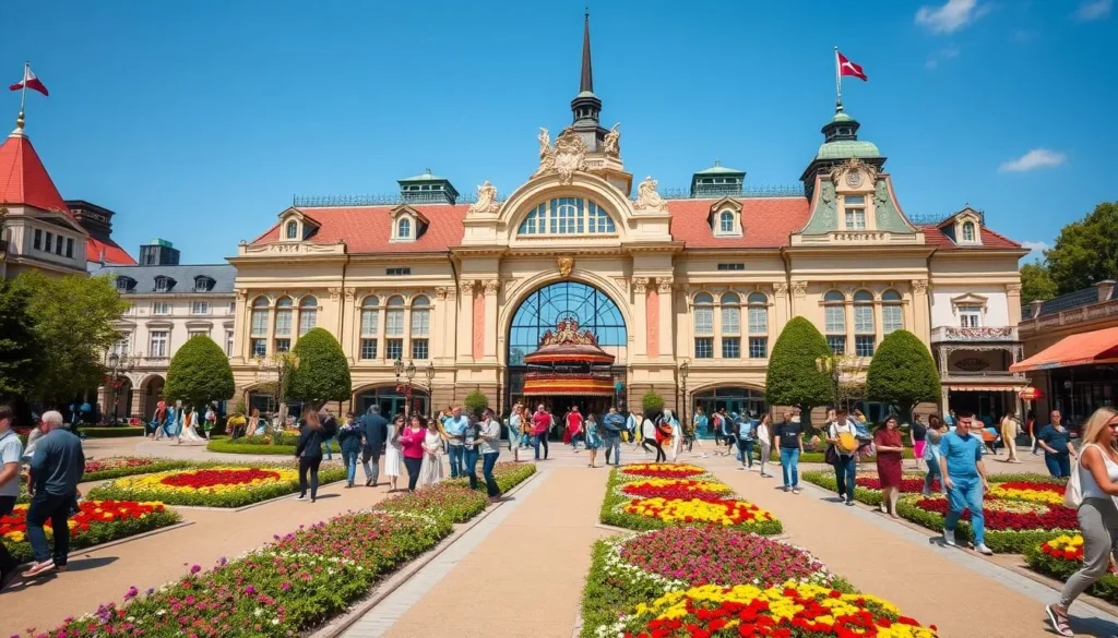 Tivoli Gardens entrance with visitors and beautiful gardens visible