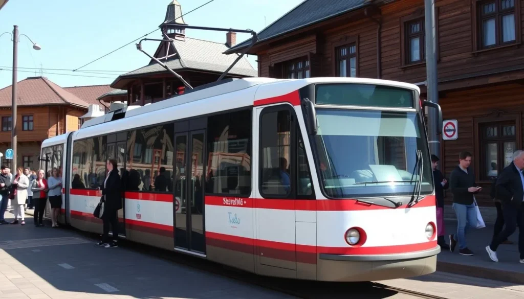 Tomsk public transportation with historic tram passing by wooden architecture Tomsk public transportation with historic tram passing by wooden architecture
