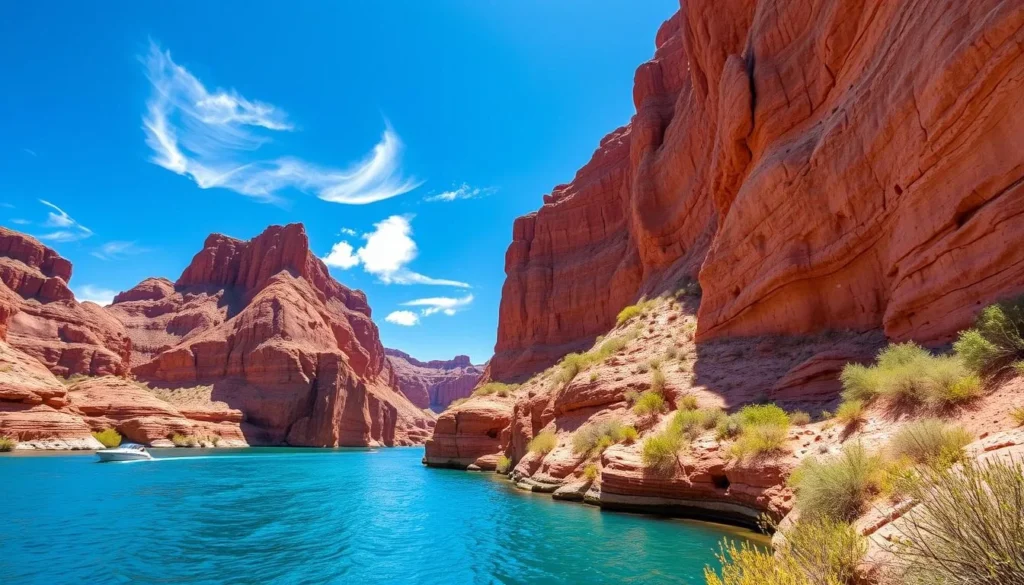 Topock Gorge with its dramatic red rock formations and blue water Topock Gorge with its dramatic red rock formations and blue water