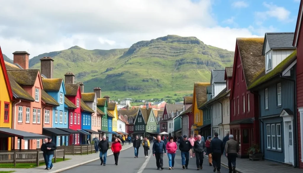Tórshavn cityscape with traditional turf-roofed houses and mountain backdrop