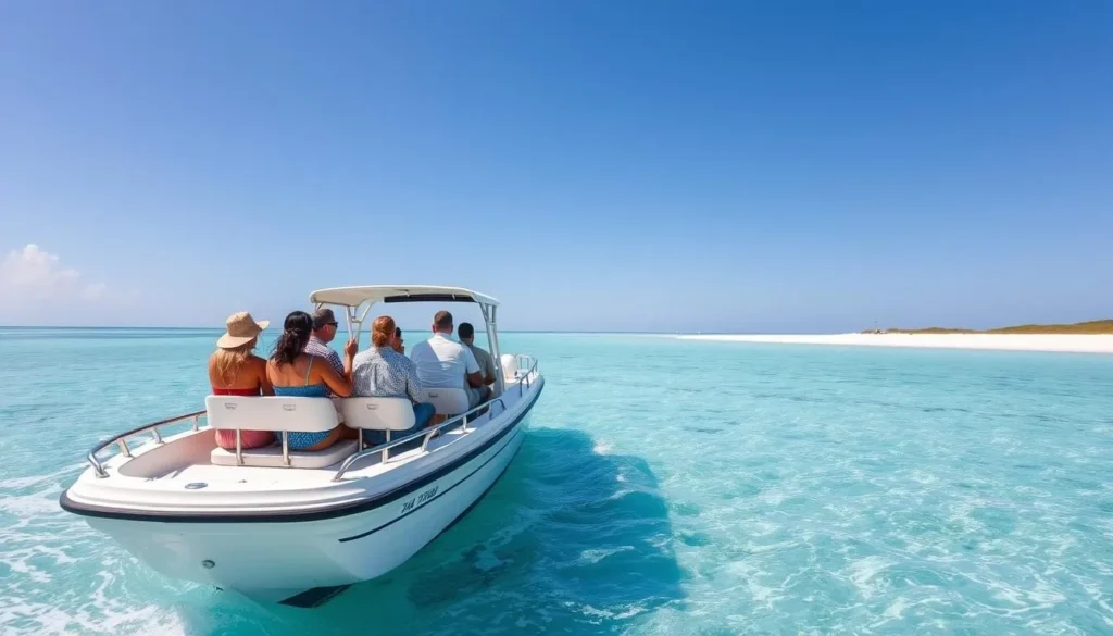 Tour boat approaching Fort George Cay with passengers ready to explore the island