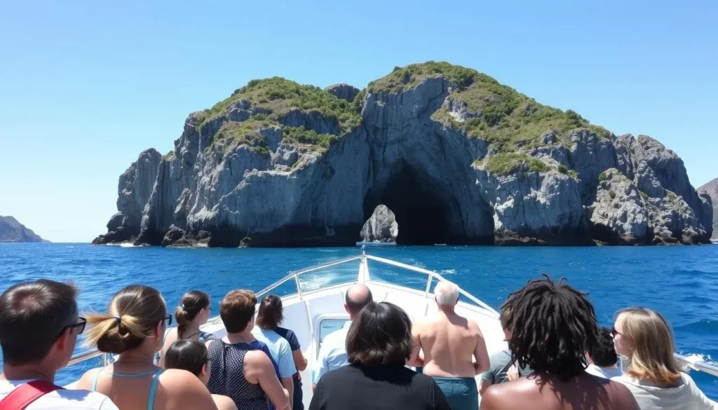Tour boat approaching the famous Hole in the Rock at Cape Brett in the Bay of Islands
