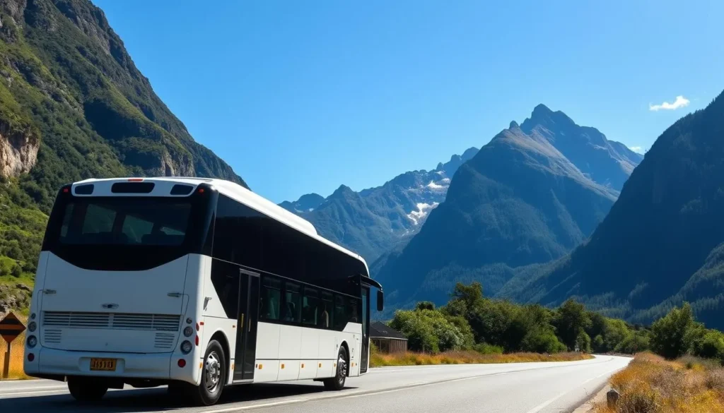 Tour bus on the scenic Milford Road in Fiordland National Park with mountains in background