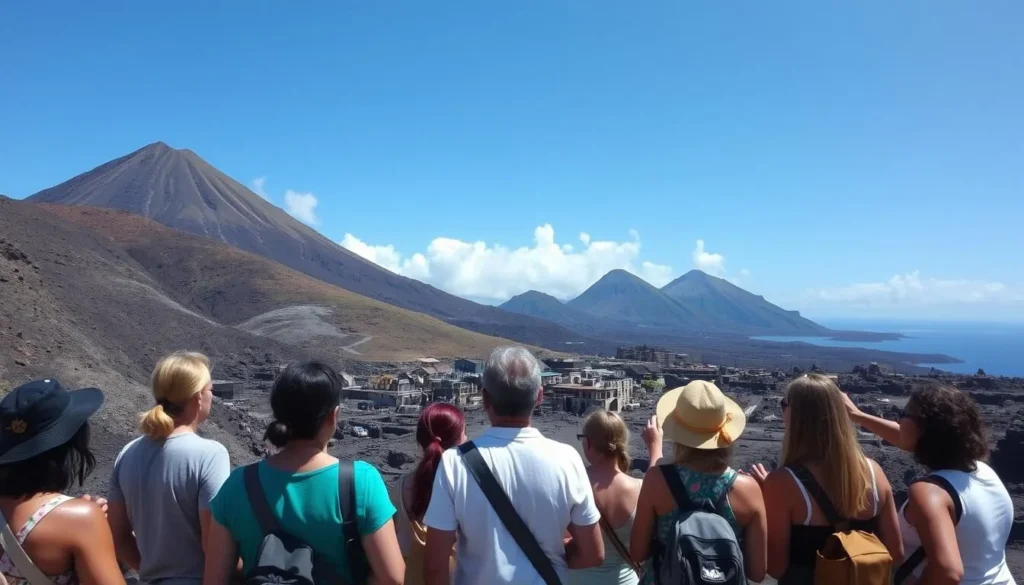 Tour group viewing the buried city of Plymouth with Soufriere Hills Volcano in background