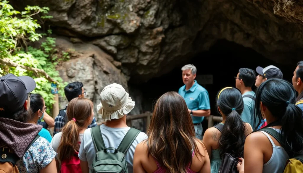 Tour guide explaining cave safety to diverse group of visitors at Florida Caverns State Park Tour guide explaining cave safety to diverse group of visitors at Florida Caverns State Park