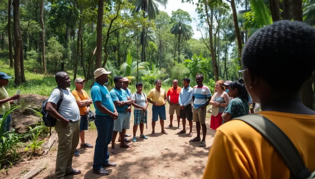 Tour guide explaining local customs to tourists in Macaya National Park Haiti