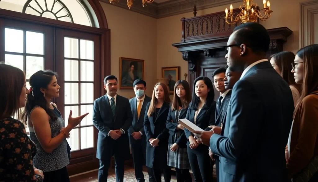 Tour guide explaining mansion etiquette to a diverse group of attentive visitors in the mansion foyer Tour guide explaining mansion etiquette to a diverse group of attentive visitors in the mansion foyer