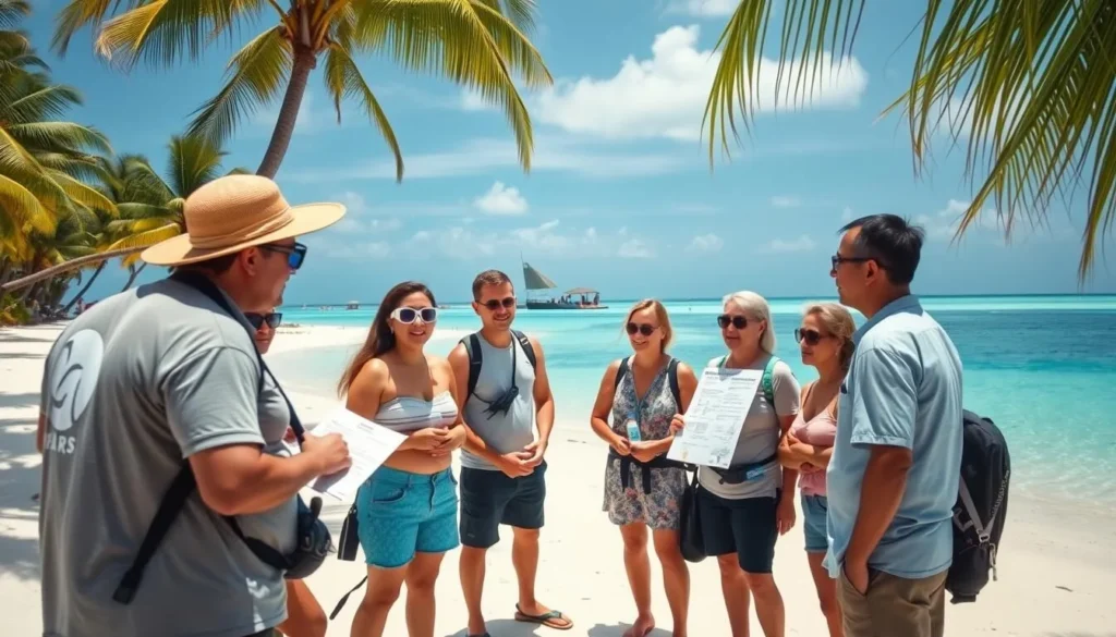 Tour guide explaining marine conservation rules to tourists on Balicasag Island beach
