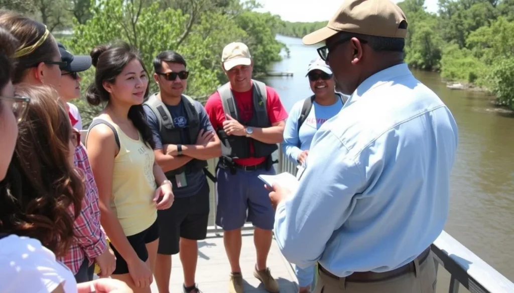 Tour guide explaining safety procedures to diverse group of visitors at Bayou Bienvenue Triangle