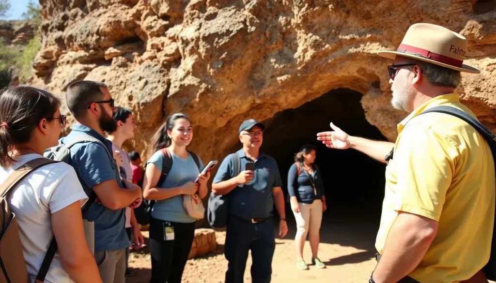 Tour guide explaining safety procedures to visitors before entering a cave at Naracoorte
