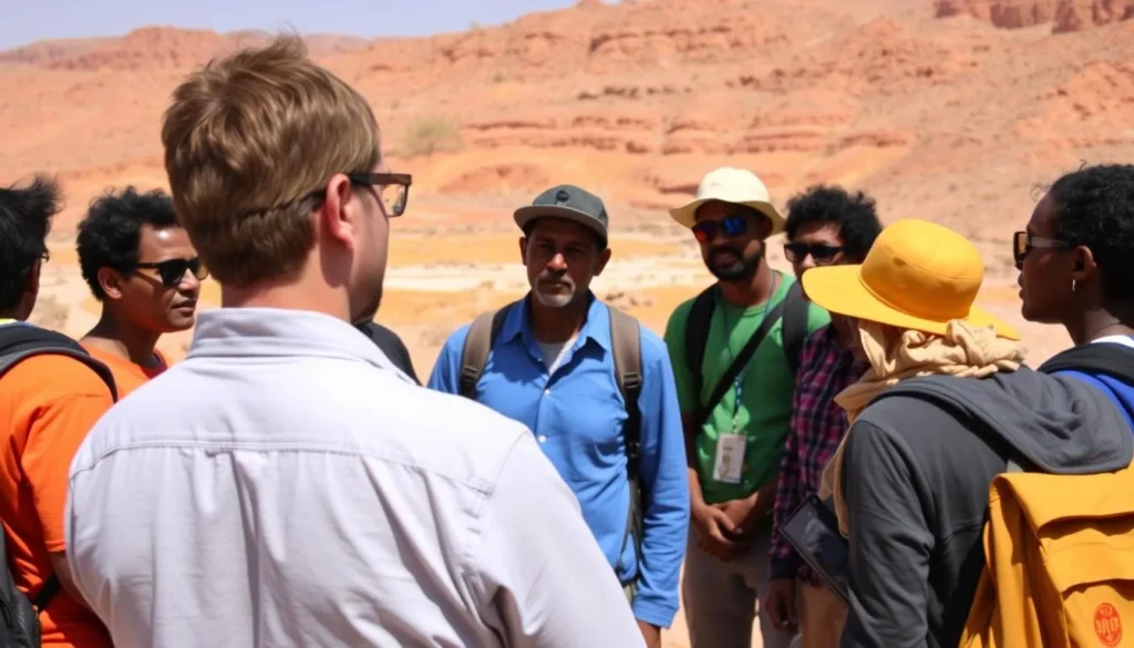 Tour guide explaining safety protocols to tourists before exploring Dallol in the Danakil Depression