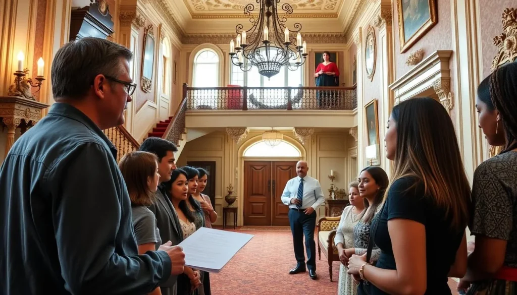 Tour guide explaining the history of the Leland Stanford Mansion to a diverse group of visitors in the grand entrance hall Tour guide explaining the history of the Leland Stanford Mansion to a diverse group of visitors in the grand entrance hall