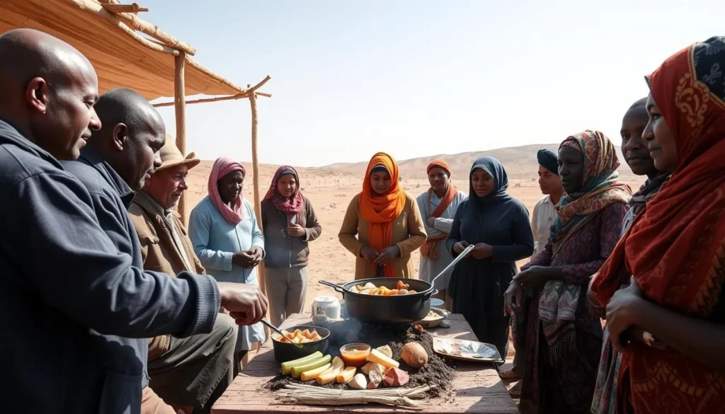 Tour guides preparing a simple meal for tourists at a Danakil Depression campsite