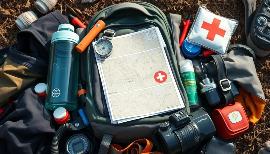 Tourist backpack with essential items for Lake Kukulminskoye trip