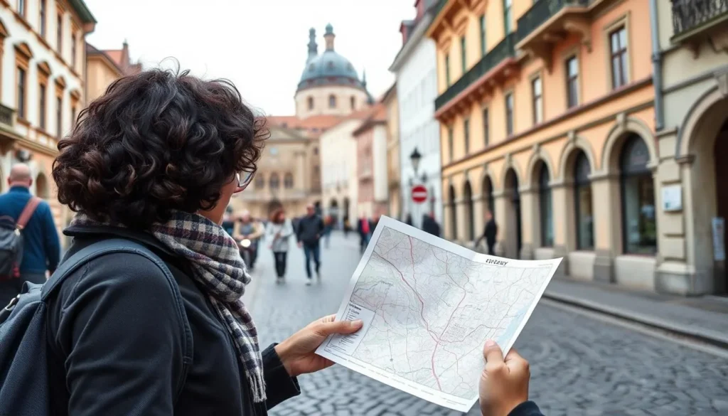 Tourist checking a Prague city map while exploring the historic streets