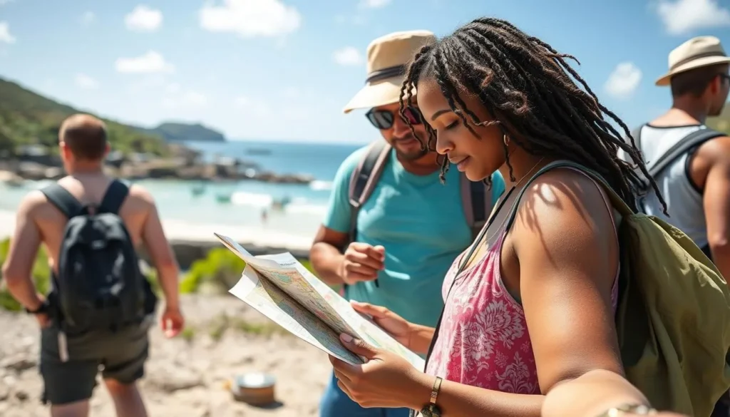 Tourist checking a map while exploring Cupecoy, St. Martin Tourist checking a map while exploring Cupecoy, St. Martin