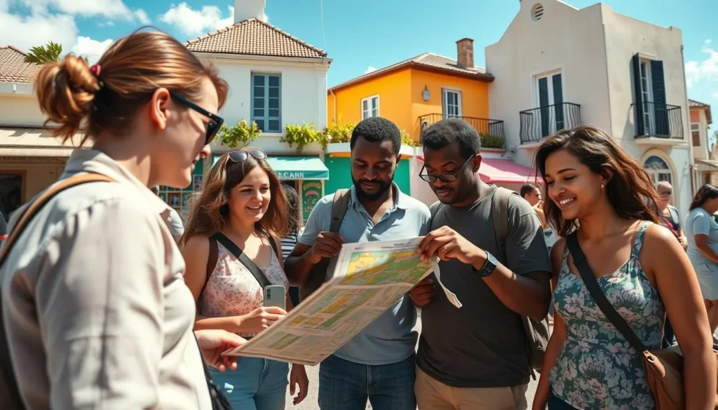 Tourist checking a map while exploring Lorient village with local shops in the background