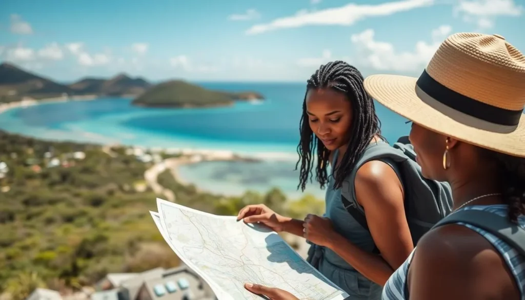 Tourist checking a map while exploring Simpson Bay Tourist checking a map while exploring Simpson Bay