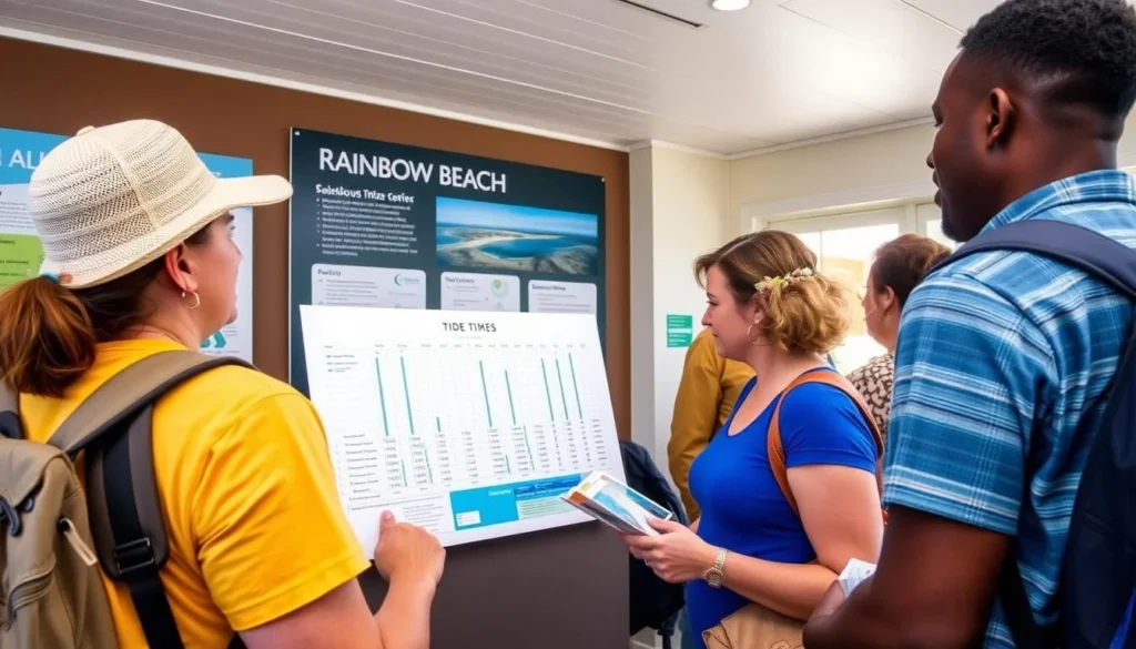 Tourist checking tide times chart at Rainbow Beach information center