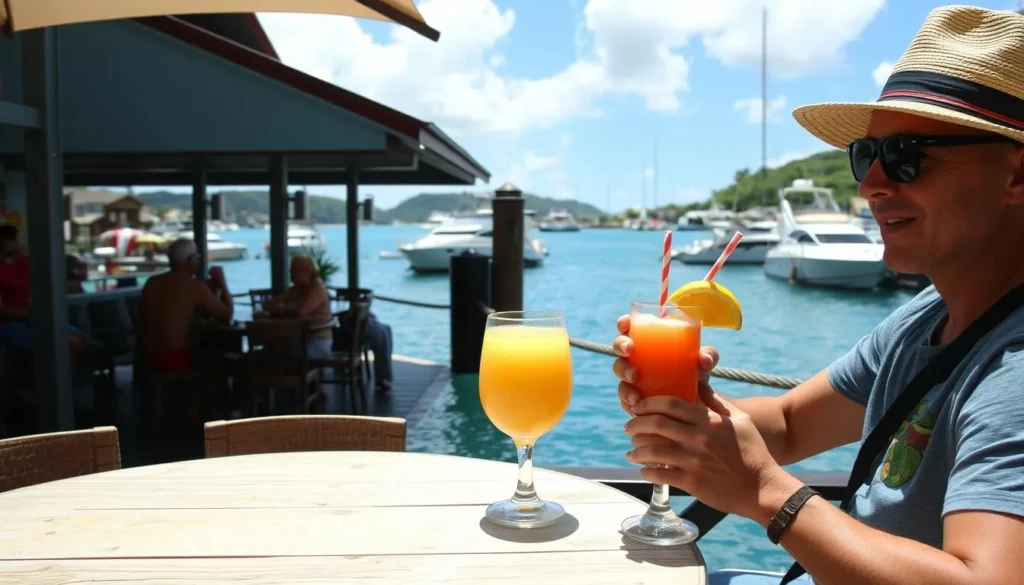 Tourist enjoying a Ti' Punch drink at a waterfront café in Pointe-à-Pitre
