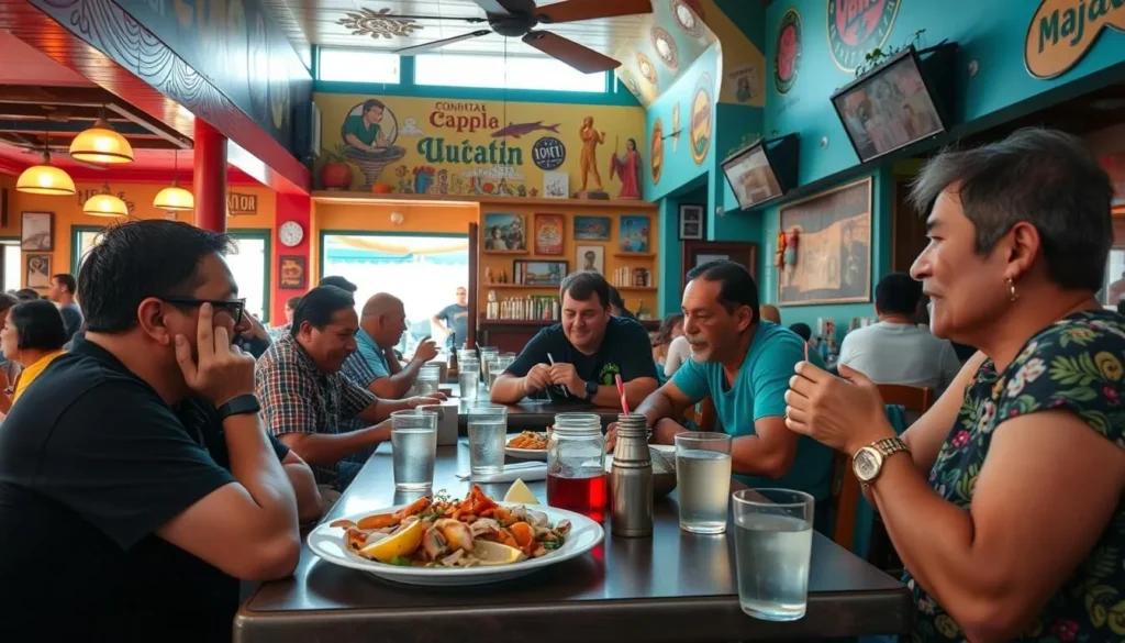 Tourist enjoying a meal at a local restaurant in Mazatlan with colorful decor and authentic food Tourist enjoying a meal at a local restaurant in Mazatlan with colorful decor and authentic food