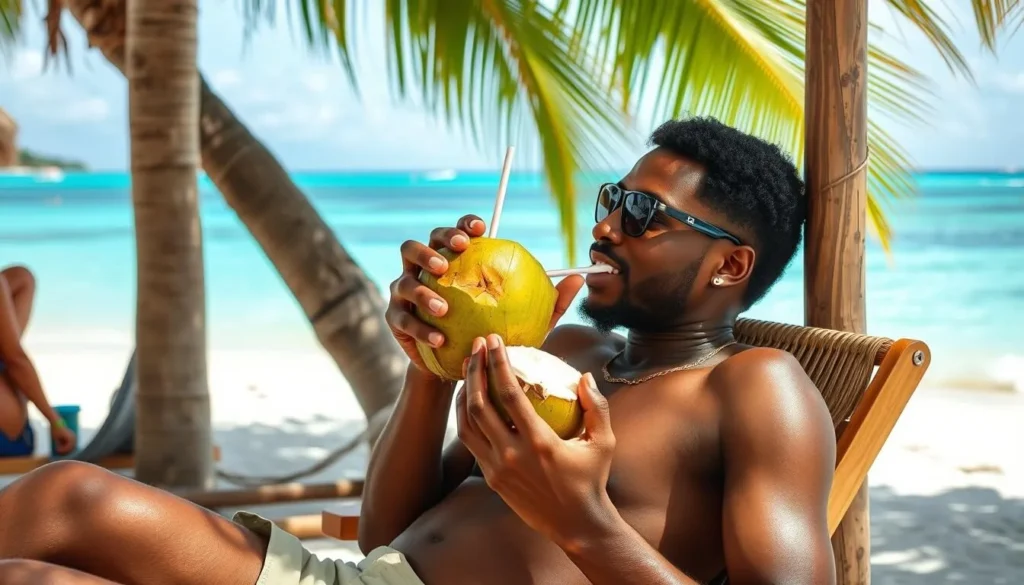 Tourist enjoying coconut drink at Sainte-Anne Beach Guadeloupe
