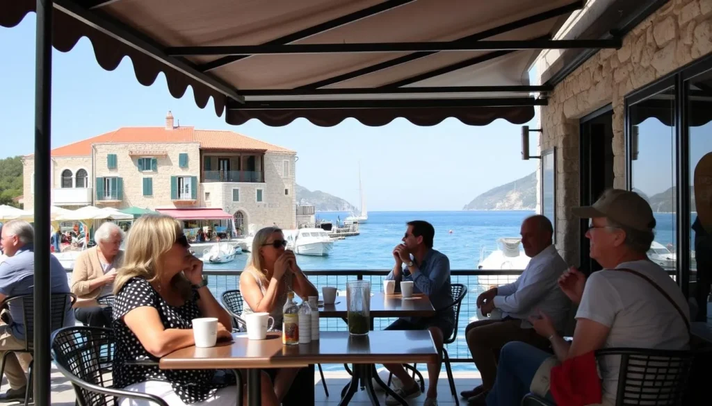 Tourist enjoying coffee at a waterfront cafe in Bol Croatia