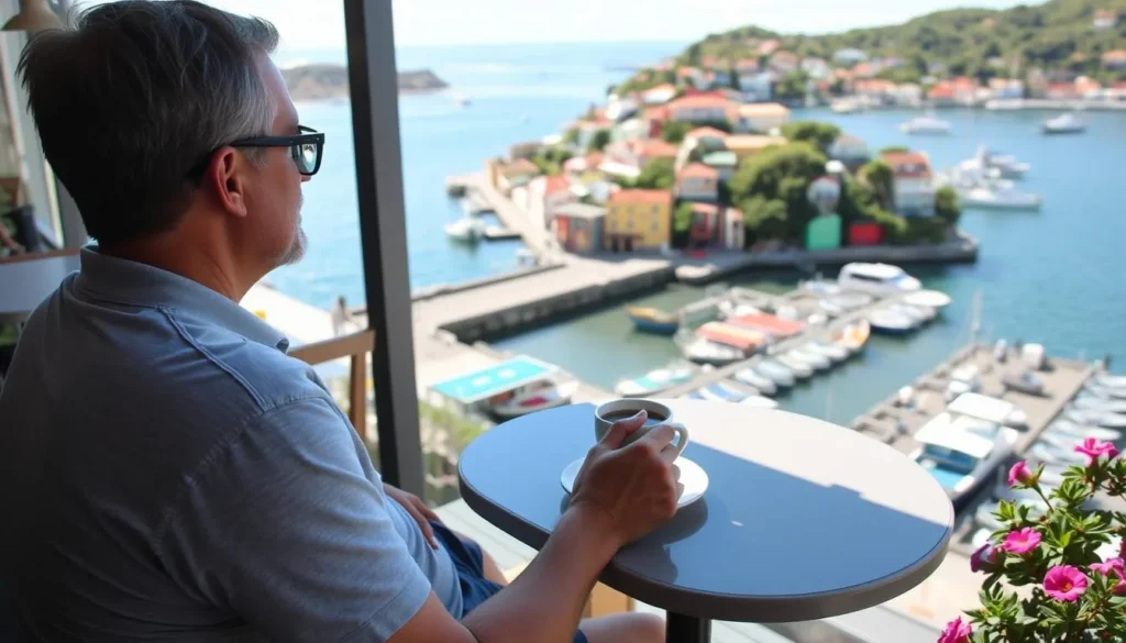Tourist enjoying morning coffee at a cafe overlooking Terre-de-Haut's bay
