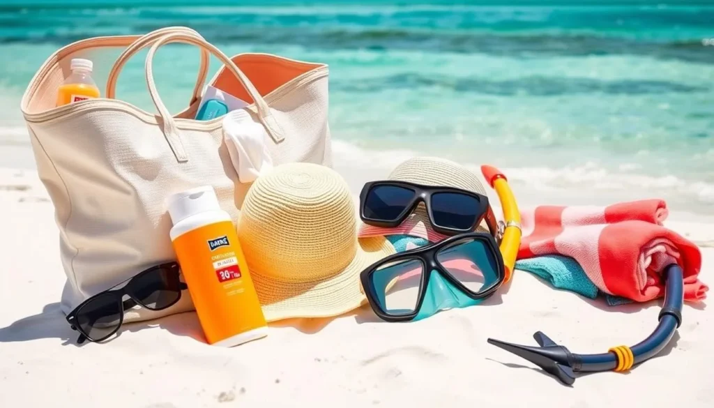 Tourist essentials for visiting Playa Paraiso Cayo Largo del Sur Cuba including sun protection and water Tourist essentials for visiting Playa Paraiso Cayo Largo del Sur Cuba including sun protection and water