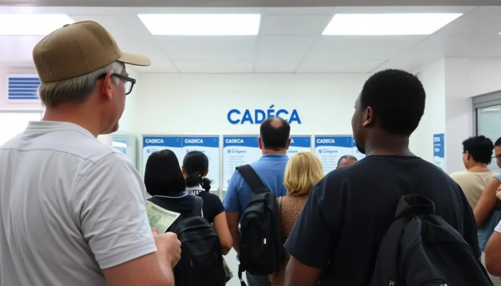 Tourist exchanging currency at a Cuban exchange office in Holguin