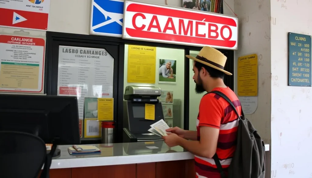 Tourist exchanging currency at a casa de cambio in Cienfuegos Tourist exchanging currency at a casa de cambio in Cienfuegos